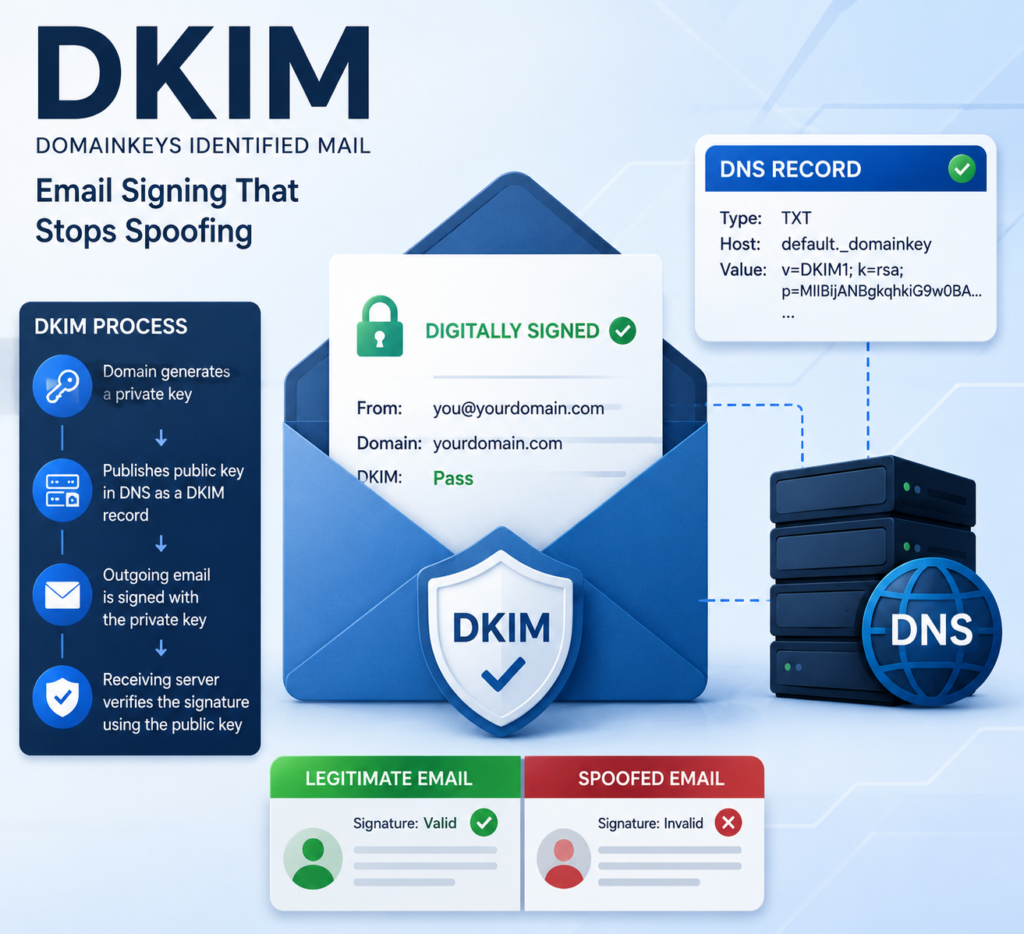 DKIM record infographic showing how email signing verifies legitimate messages and blocks spoofed email