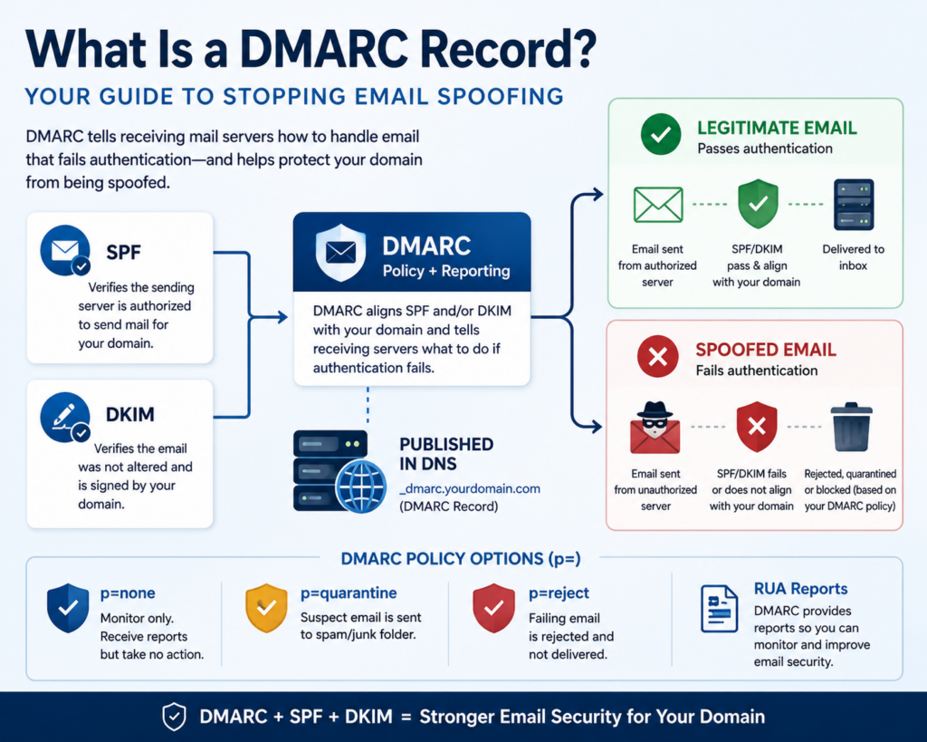 DMARC record infographic showing how SPF and DKIM help block spoofed email