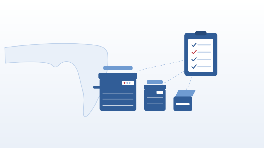 Florida government copier fleet replacement checklist showing a copier, compact MFP, scanner, and planning clipboard