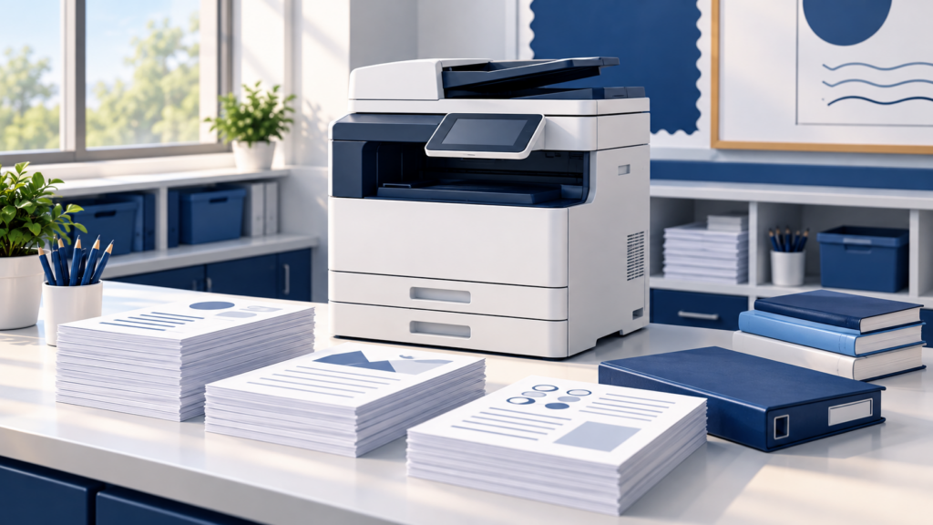 Copiers for schools illustration with a multifunction printer, worksheet stacks, books and a binder