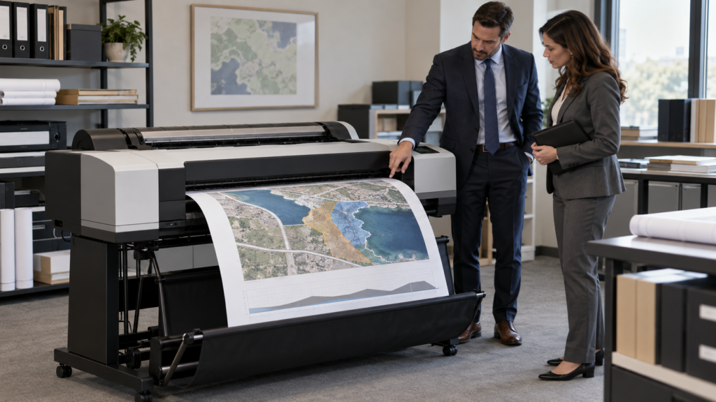 Large format printer for law firms producing a courtroom exhibit while attorneys review it