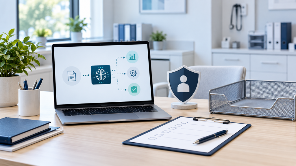 Medical practice AI pilot workspace with privacy checklist and empty patient file tray