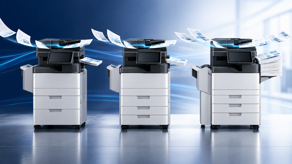 Ricoh SD Series comparison illustration showing three MFP print speed tiers with straight path scanning