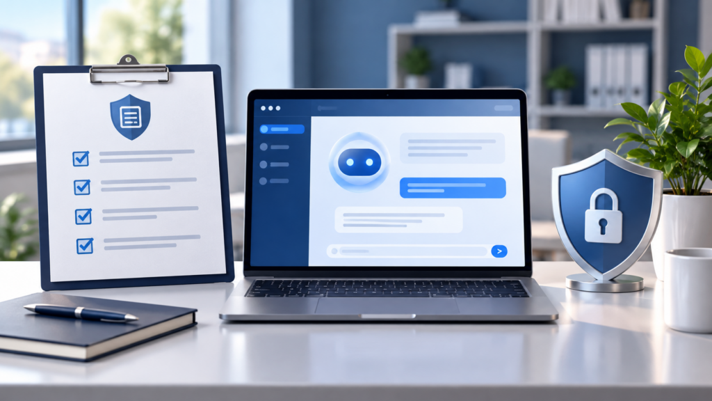 Small business AI policy checklist beside a secure AI workspace